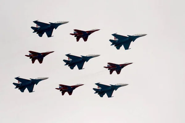 Moscow Russia May 2021 Aerobatic Groups Swifts Russian Knights 30Sm — 스톡 사진