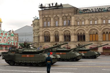 MOSCOW, RUSSIA-MAY 9, 2021:Russian T-80BVM battle tank with a gas turbine engine at the Victory Day parade on Moscow's Red Square