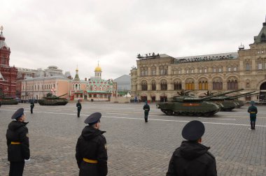 MOSCOW, RUSSIA-MAY 9, 2021:Russian T-80BVM battle tank with a gas turbine engine at the Victory Day parade on Moscow's Red Square