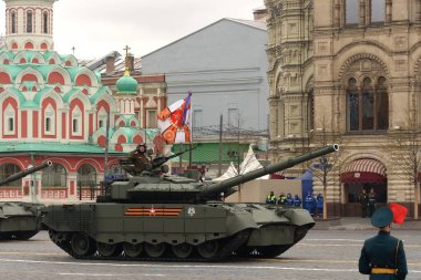 MOSCOW, RUSSIA-MAY 9, 2021:Russian T-80BVM battle tank with a gas turbine engine at the Victory Day parade on Moscow's Red Square
