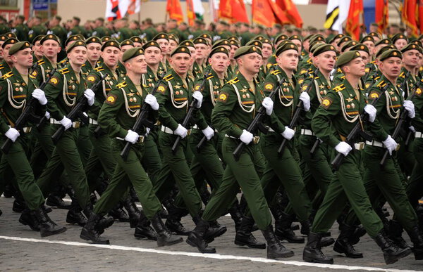 MOSCOW, RUSSIA-MAY 9, 2021:Cadets of the Serpukhov branch of the Military Academy of the Peter the Great Strategic Missile Forces during the parade on Moscow's Red Square in honor of Victory Day