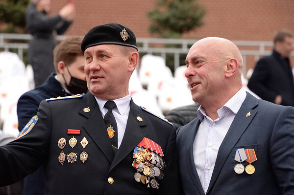 MOSCOW, RUSSIA-MAY 9, 2021:Veterans of the special purpose detachment "Alpha" on Moscow's Red Square during the Victory Day celebration