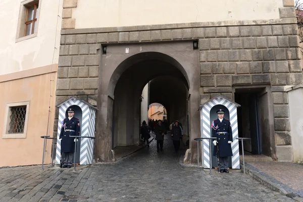 La guardia d'onore custodisce il palazzo presidenziale nel castello di Praga — Foto Stock