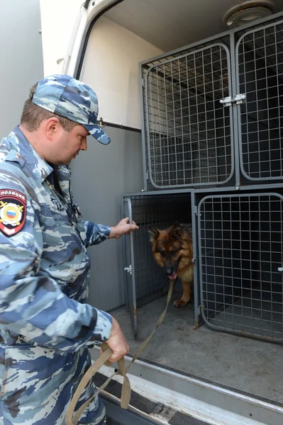 Офицеры полиции патрулируют улицы с собаками — стоковое фото