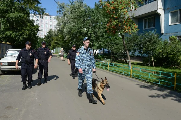 Poliser patrullerar gatorna med hundar — Stockfoto
