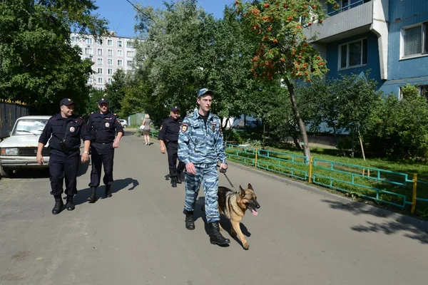 Police officers patrol the streets with dogs — Stock Photo, Image