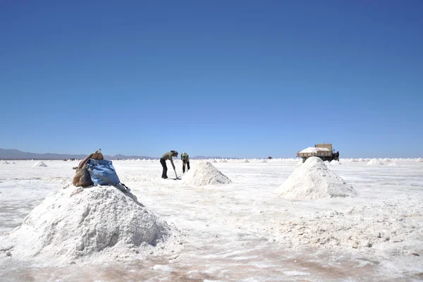 Produção de sal nos apartamentos de sal de Uyuni, secou o lago de sal no Altiplano . — Fotografia de Stock