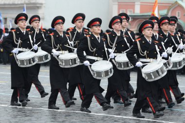 The cadets of the Moscow military music College  at the parade on Red Square in Moscow.