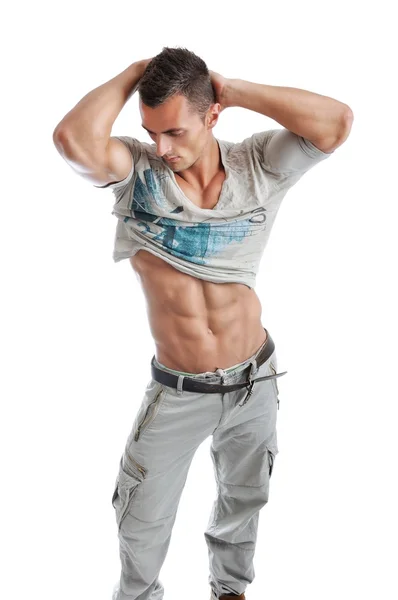 Retrato de Homem Muscular Poderoso Posando em um Fundo Branco — Fotografia de Stock