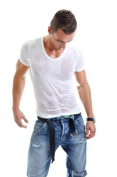 Retrato de Homem Muscular Poderoso Posando em um Fundo Branco — Fotografia de Stock