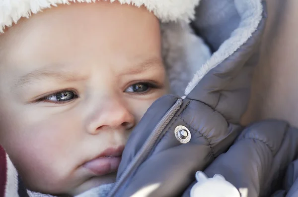 Portrait of cute little baby boy wearing warm winter hat and clothes. — Stock Photo, Image