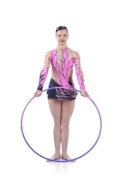 Güzel sanatsal kadın jimnastikçi egzersiz, sanat jimnastik elemanı performans