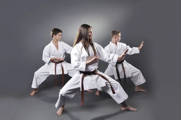 Una hembra y dos machos de karate cinturón marrón haciendo kata sobre el fondo gris — Foto de Stock