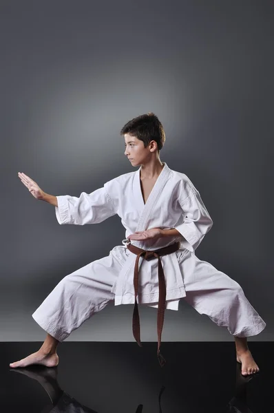 Hübsche junge männliche Karate Kata auf dem grauen Hintergrund — Stockfoto