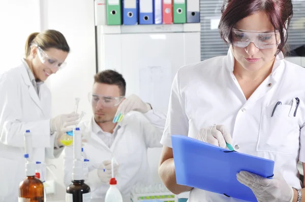 Attractive young PhD students scientists observing in the labora — Stock Photo, Image