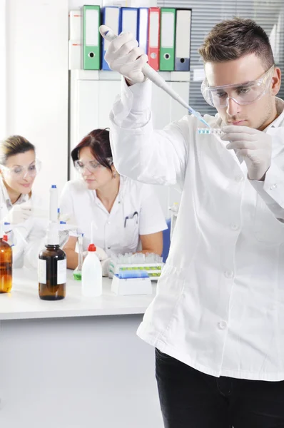 Attractive young PhD students scientists observing in the labora — Stock Photo, Image