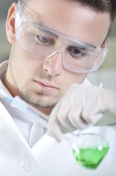 Attractive young PhD student scientist observing the green indic — Stock Photo, Image