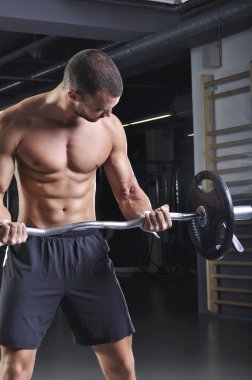 Pazı egzersiz yaparak kusursuz bir beden ile ayakta pozisyonda yakışıklı kaslı erkek modeli