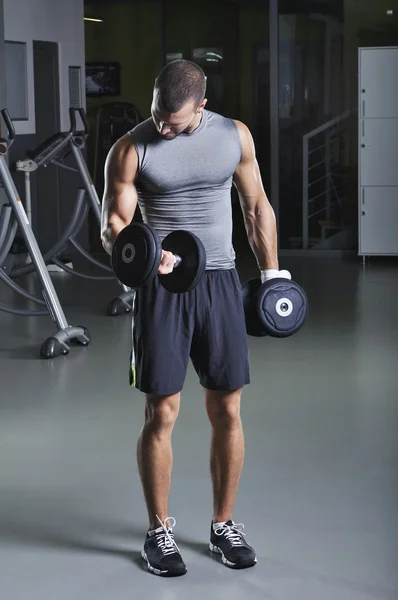 Bonito modelo masculino muscular em uma posição de pé com halteres fazendo exercício bíceps — Fotografia de Stock