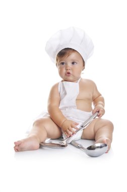 Oturma ve mutfak eq ile oynarken komik bebek çocuk Şef
