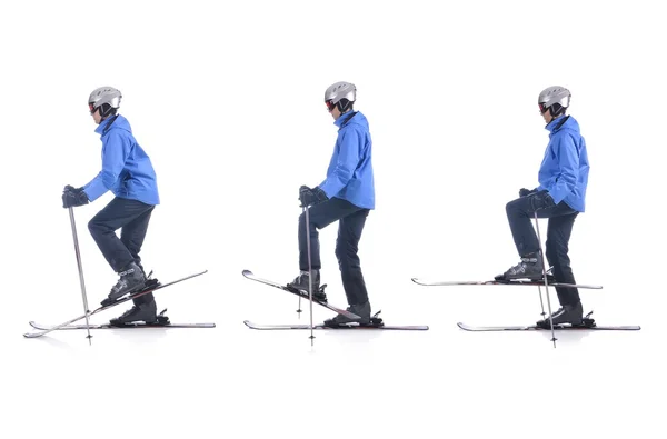 Skiier demonstrate how to warm up in skiing. Balance exercise. — Stock Photo, Image