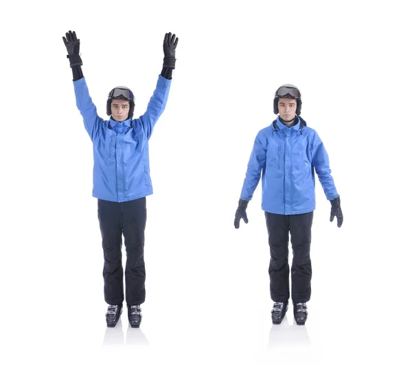 Skiier demonstrate warm up exercise for skiing. Arm circle. — Stock Photo, Image