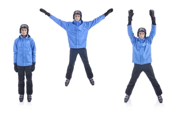 Sciatore dimostrare esercizio di riscaldamento per lo sci. Il Jumping Jack — Foto Stock