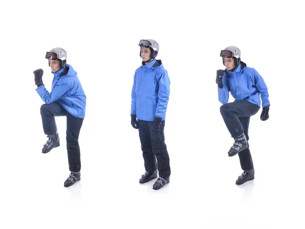 Skiier demonstrate warm up exercise for skiing. The opposite elbow-knee touch. — Stock Photo, Image