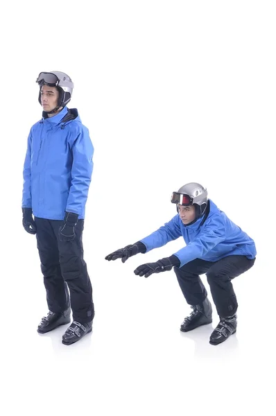 Skiier demonstrate warm up exercise for skiing. The squats. — Stock Photo, Image