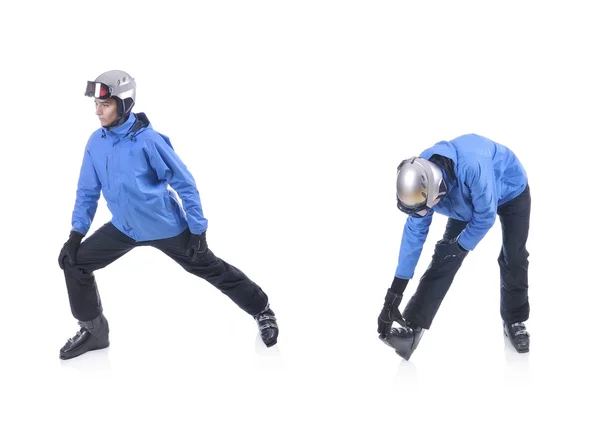 Skiier demonstrar aquecimento exercício para esquiar. Alongamento dinâmico . — Fotografia de Stock