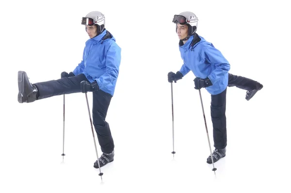 Skiier demonstrate warm up exercise for skiing. Dinamic stretch — Stock Photo, Image