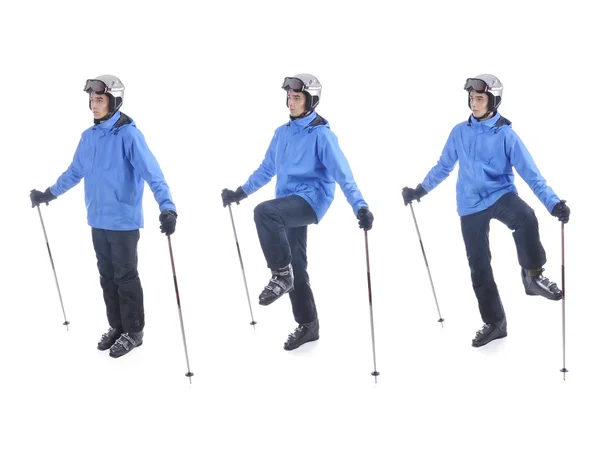 Skiier demonstrar aquecimento exercício para esquiar. Alongamento dinâmico — Fotografia de Stock