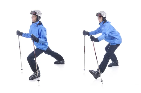 Esquiador demostrar ejercicio de calentamiento para esquiar. Estiramiento dinámico —  Fotos de Stock