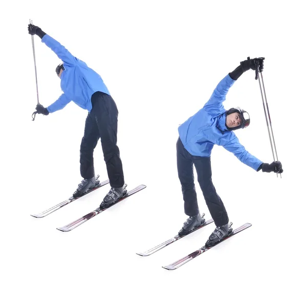 Skifahrer demonstrieren Aufwärmübungen für das Skifahren. Mit Stöcken seitlich beugen. — Stockfoto