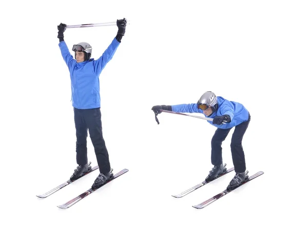 Skiier demonstrate warm up exercise for skiing. Bend forward with sticks. — Stock Photo, Image