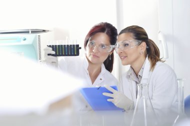 Sonra çözüm destillation kimyasal laboratuvar mavi, sarı ve yeşil gösterge renk kayması gözlemleyerek çekici genç doktora öğrencileri bilim adamları