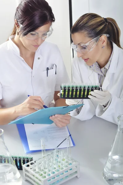 Jeunes doctorants attrayants scientifiques observant le changement de couleur de l'indicateur bleu, jaune et vert après la distillation de la solution en laboratoire chimique — Photo