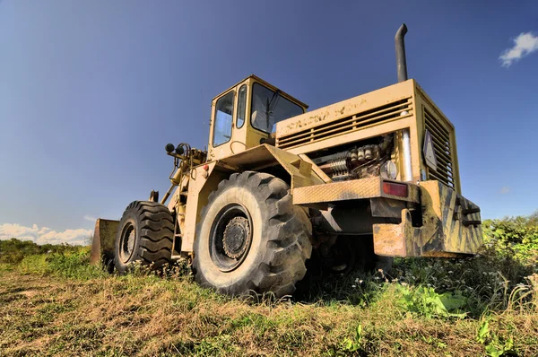 Big yellow old loader standing abandoned in a grass Stock Image