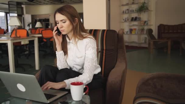 Femme travaillant avec ordinateur portable et parlant au téléphone — Video