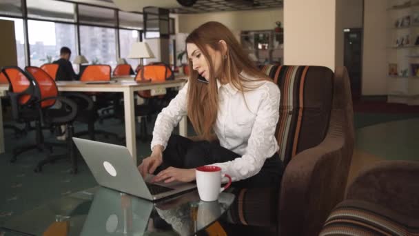 La donna e l'uomo che lavorano al grande ufficio. Donna che parla e digita — Video Stock