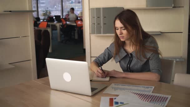 İş kadını kişisel Office Cheking grafikler ve rapor — Stok video