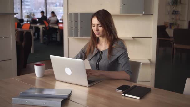 Frau im grauen Kleid arbeitet im Büro am Computer. — Stockvideo