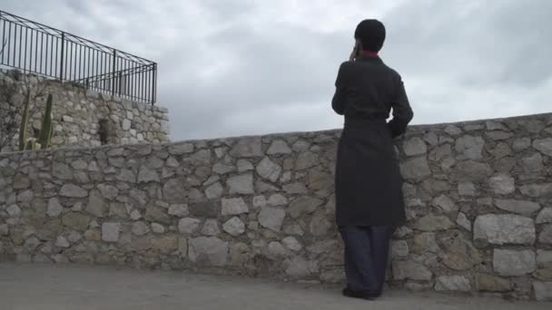 Mujer de pie cerca de la pared de piedra usando un teléfono inteligente . — Vídeos de Stock