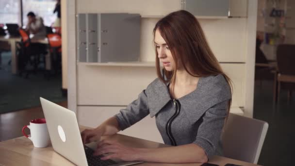 Geschäftsfrau mit projektnahem Laptop und Tasse Tee. — Stockvideo