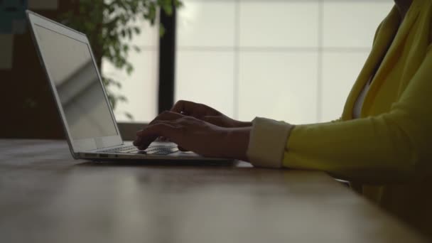 Unrecognisable kvinna skriva på datorn i det moderna kontoret med stora fönster . — Stockvideo