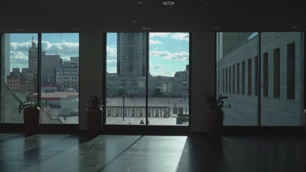 Чоловік спускається в довгу коридорну кімнату з високими вікнами і вазонами . — стокове відео