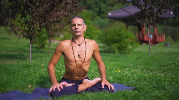 Человек на траве в парке йога . — стоковое видео