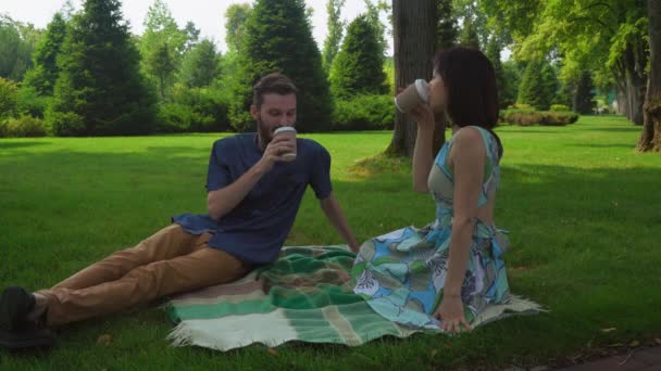 Le gars avec la fille assise dans le parc sur des couvertures sur la pelouse et boire du café . — Video