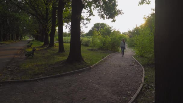 Flicka rider grusväg i parken sommaren. — Stockvideo