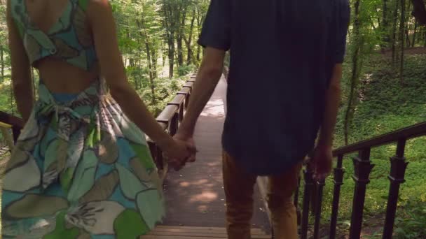 Pareja enamorada caminando en el bosque . — Vídeos de Stock